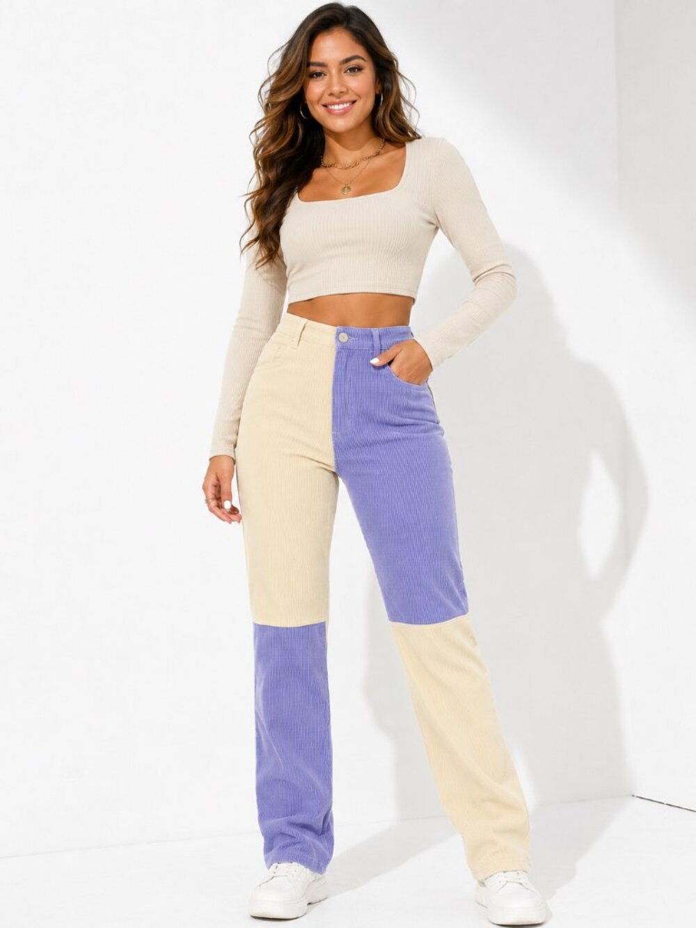 🩷. 3087   Color Block Corduroy Pants – Cream & Lavender High Waist Straight Leg